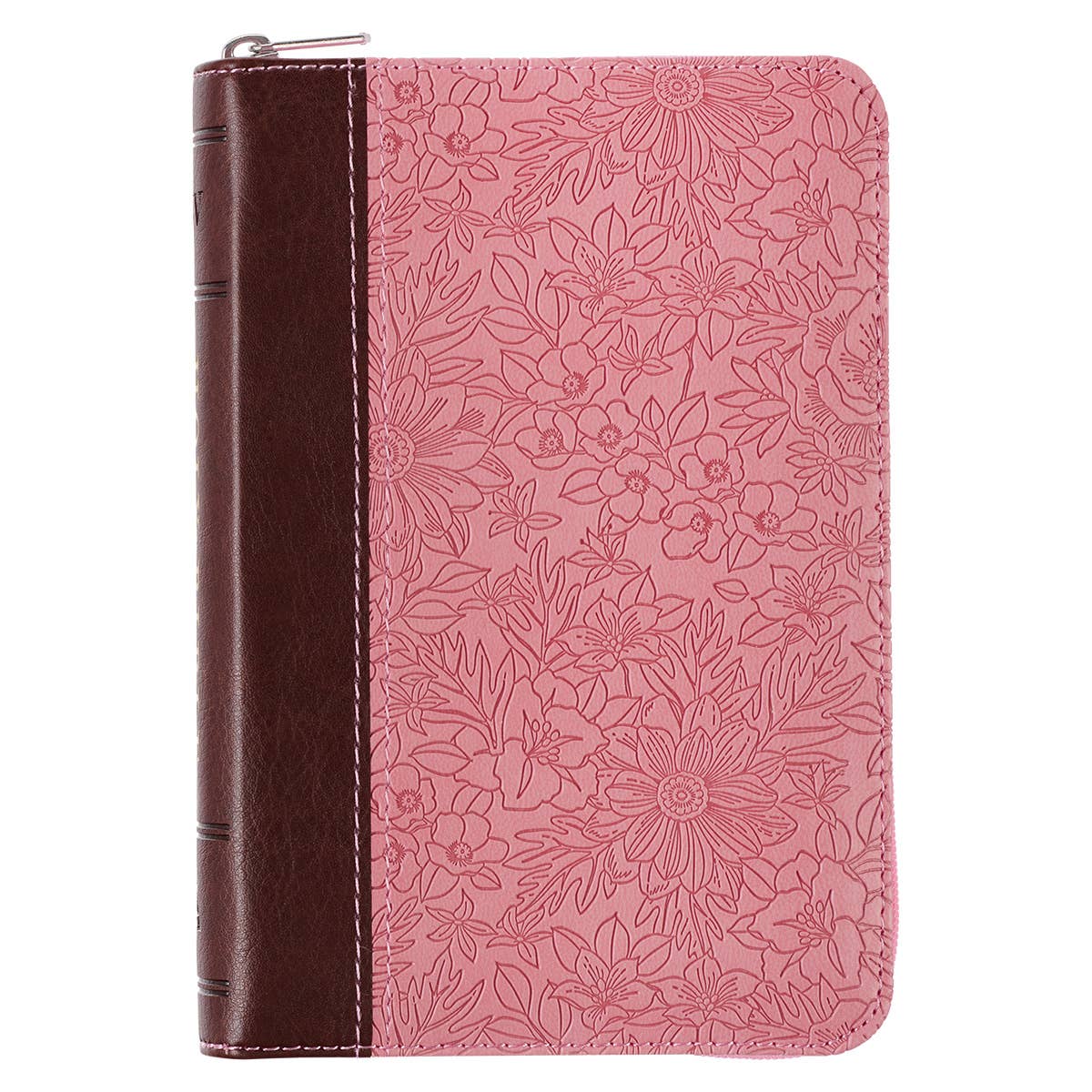 Pink and Saddle Tan Faux Leather Mini Pocket King James Version Bible with Zippered Closure