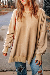 Khaki Drop Shoulder Ribbed Trim Oversized Sweatshirt: Khaki / L / 75%Polyester+25%Cotton