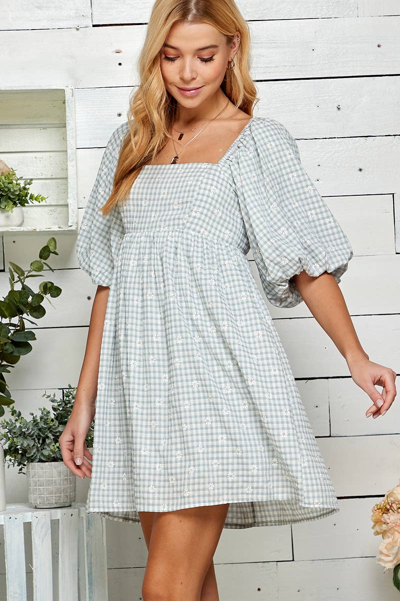 FLOWER PRINT GINGHAM OPEN BACK BABYDOLL DRESS